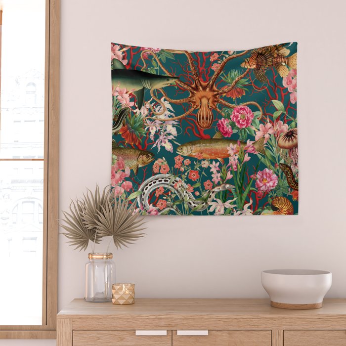 Floral Ocean Eden on Teal Wall Tapestry Gallery Image 2