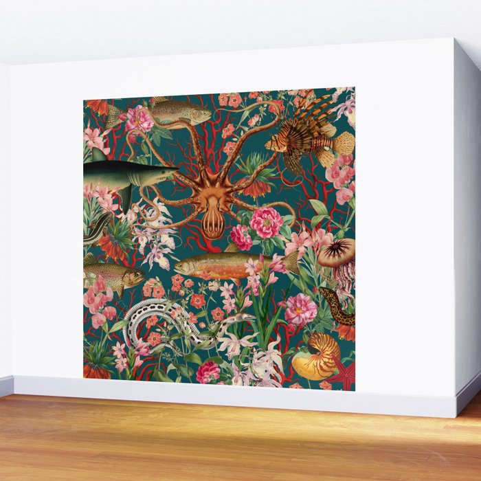 Floral Ocean Eden on Teal Wall Mural Gallery Image 2