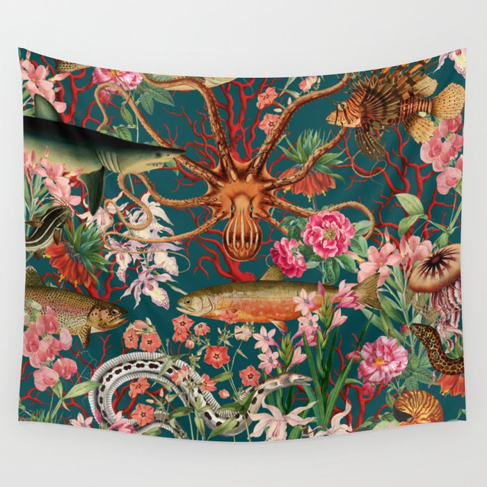Floral Ocean Eden on Teal Wall Tapestry Gallery Image 1