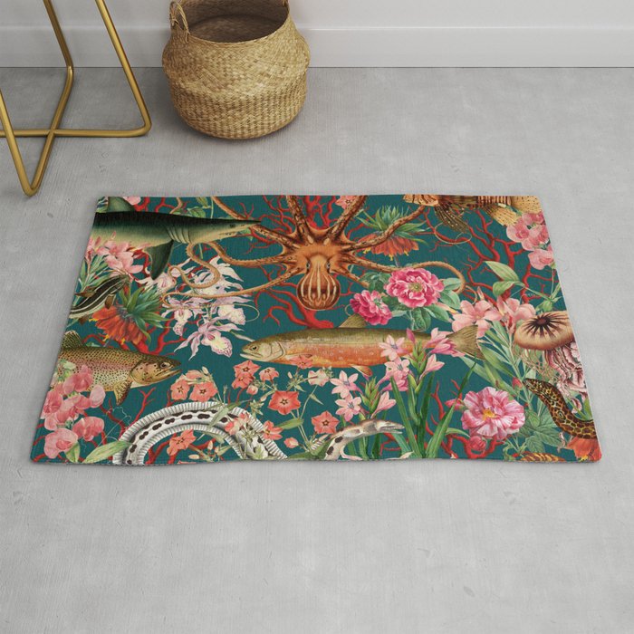 Floral Ocean Eden on Teal Rug Gallery Image 1