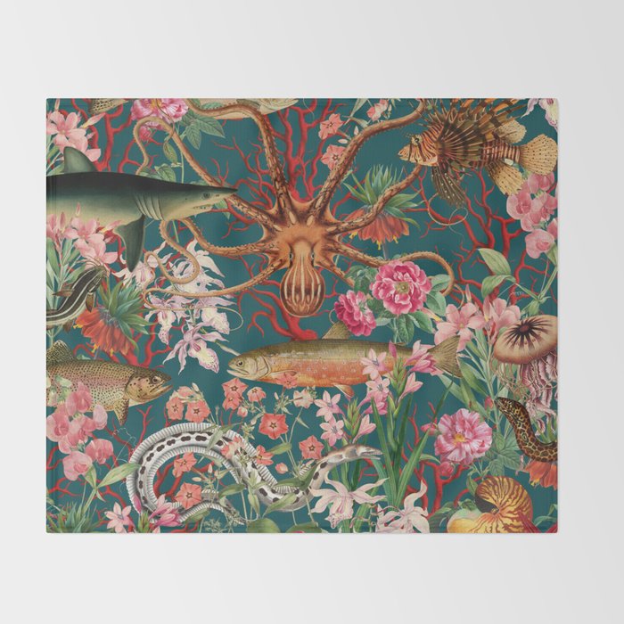 Floral Ocean Eden on Teal Throw Blanket Gallery Image 2