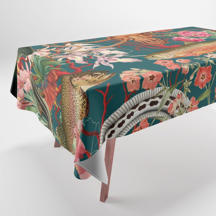 Floral Ocean Eden on Teal Tablecloth Gallery Image 1