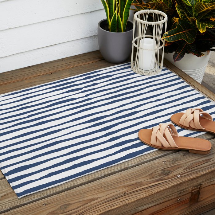 Indigo Blue Watercolor Horizontal Lines  Outdoor Rug Gallery Image 2