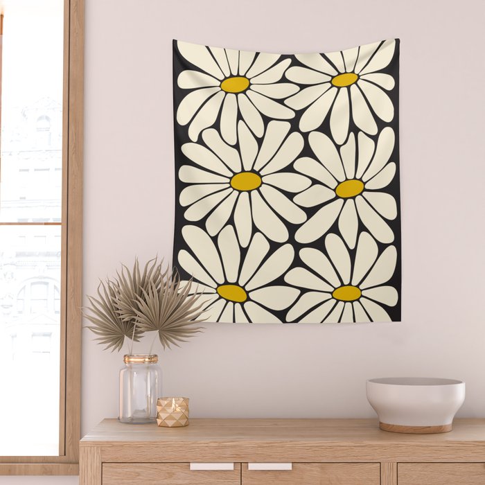 Big Daisy - Groovy Flower - Black, White and Yellow Wall Tapestry Gallery Image 2