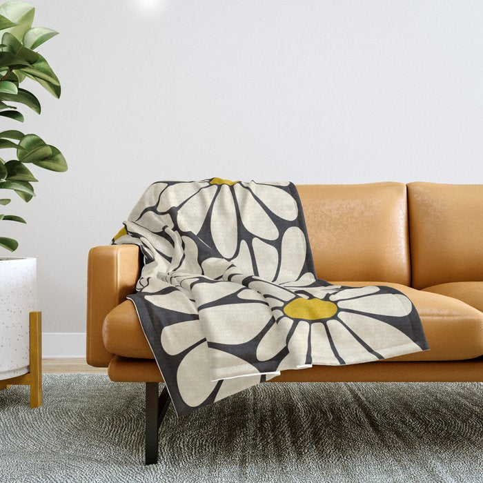Big Daisy - Groovy Flower - Black, White and Yellow Throw Blanket Gallery Image 1