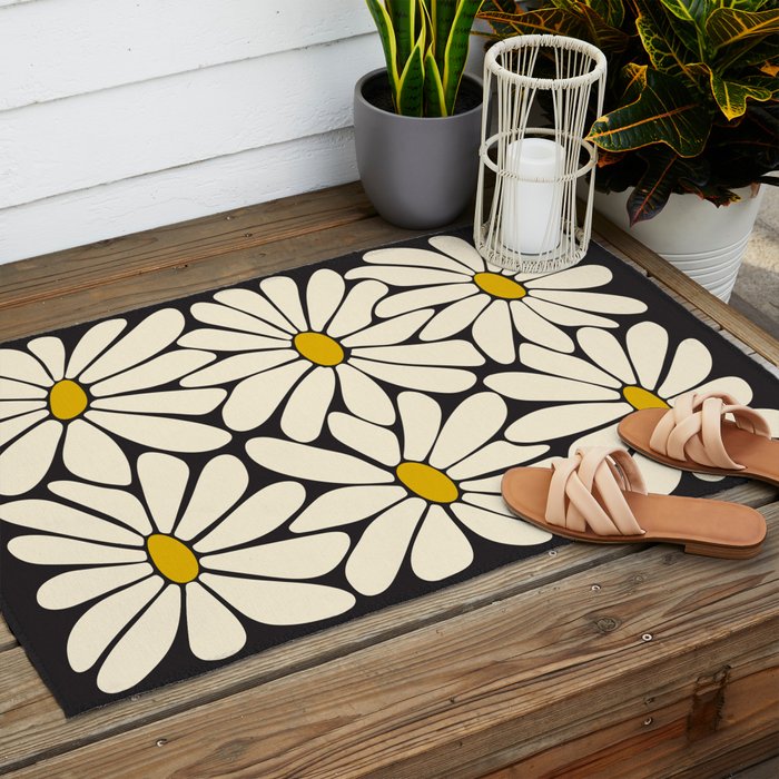 Big Daisy - Groovy Flower - Black, White and Yellow Outdoor Rug Gallery Image 2