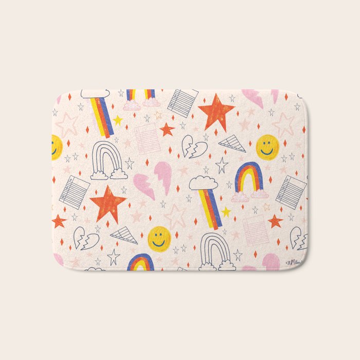 Happy Smiley Face & Retro Rainbows in Dusty Pink Bath Mat Gallery Image 1