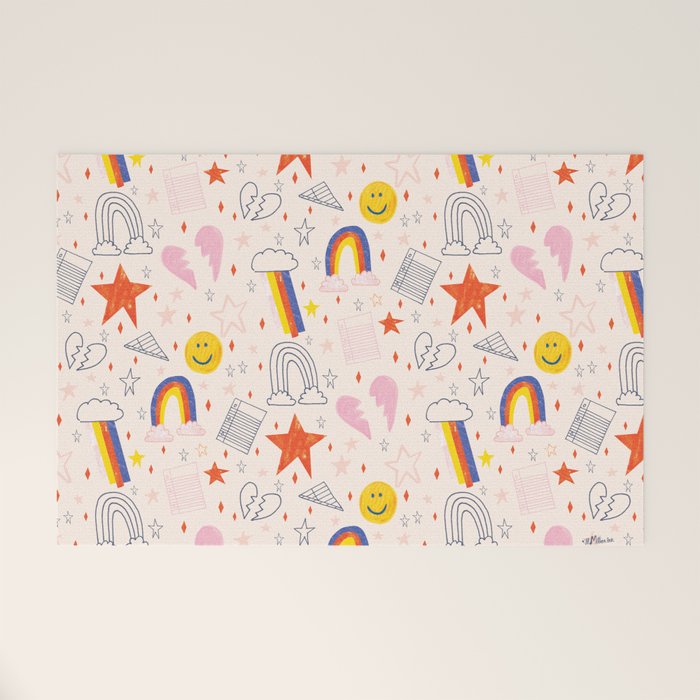 Happy Smiley Face & Retro Rainbows in Dusty Pink Welcome Mat Gallery Image 1