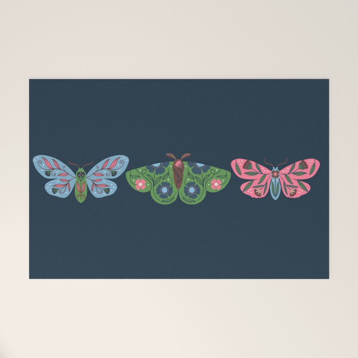 Folk Floral Moths and Butterflies Blue Welcome Mat Gallery Image 1