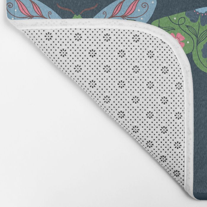 Folk Floral Moths and Butterflies Blue Bath Mat Gallery Image 2