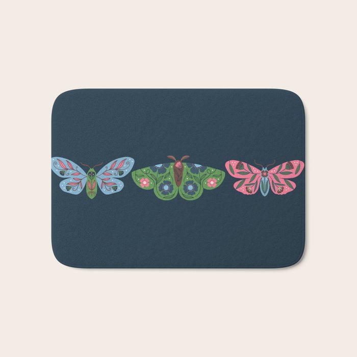Folk Floral Moths and Butterflies Blue Bath Mat Gallery Image 1