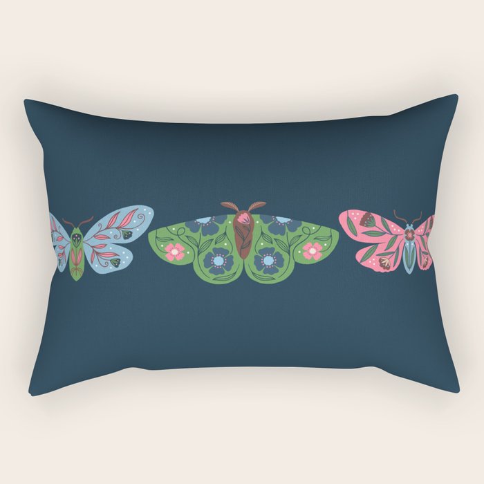 Folk Floral Moths and Butterflies Blue Rectangular Pillow Gallery Image 2