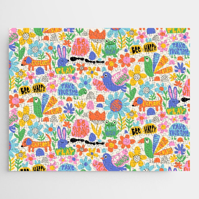 Playful Meadow Cute Animals with Motivational Affirmations - Bright Rainbow Jigsaw Puzzle Gallery Image 1