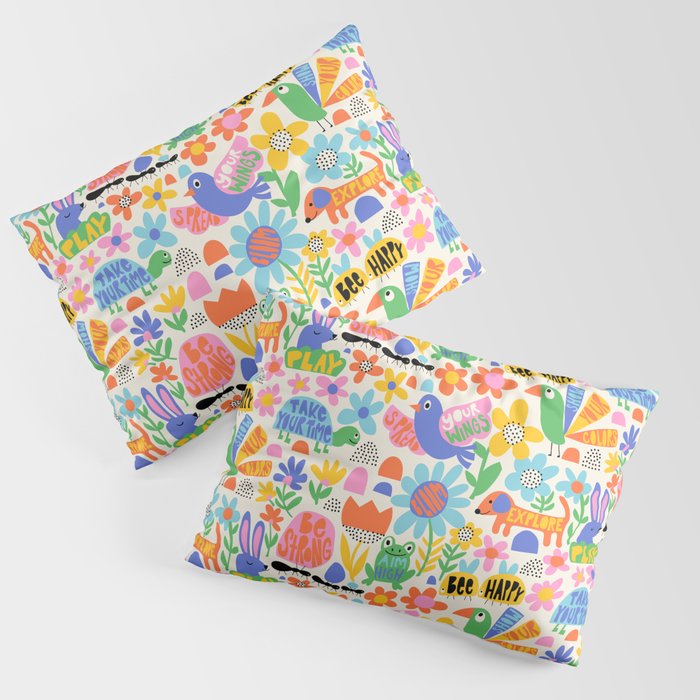 Playful Meadow Cute Animals with Motivational Affirmations - Bright Rainbow Pillow Sham Gallery Image 1