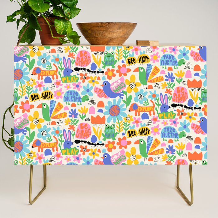 Playful Meadow Cute Animals with Motivational Affirmations - Bright Rainbow Credenza Gallery Image 1
