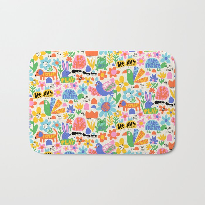 Playful Meadow Cute Animals with Motivational Affirmations - Bright Rainbow Bath Mat Gallery Image 1