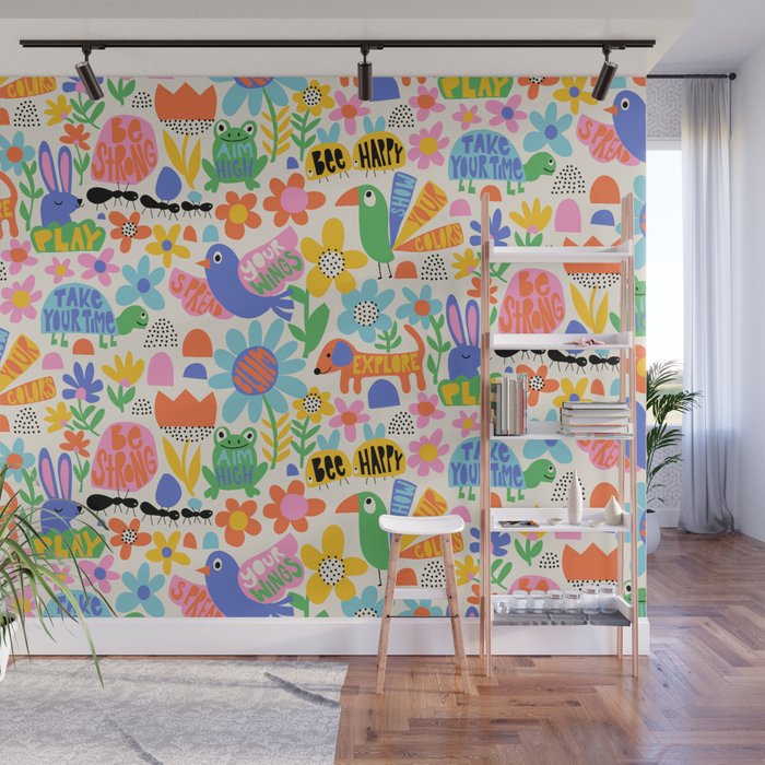 Playful Meadow Cute Animals with Motivational Affirmations - Bright Rainbow Wall Mural Gallery Image 1