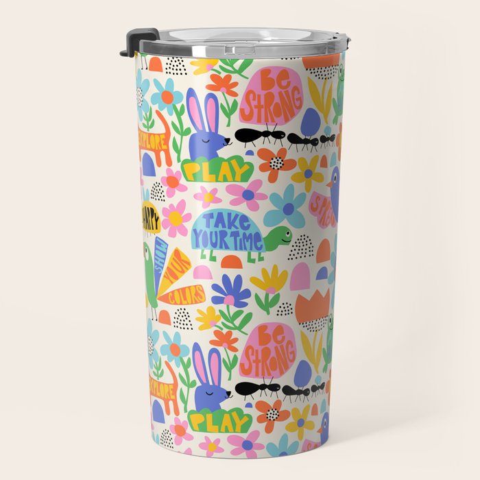 Playful Meadow Cute Animals with Motivational Affirmations - Bright Rainbow Travel Mug Gallery Image 3