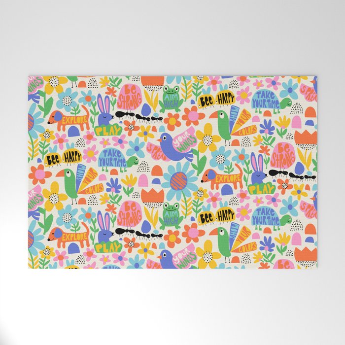Playful Meadow Cute Animals with Motivational Affirmations - Bright Rainbow Welcome Mat Gallery Image 1