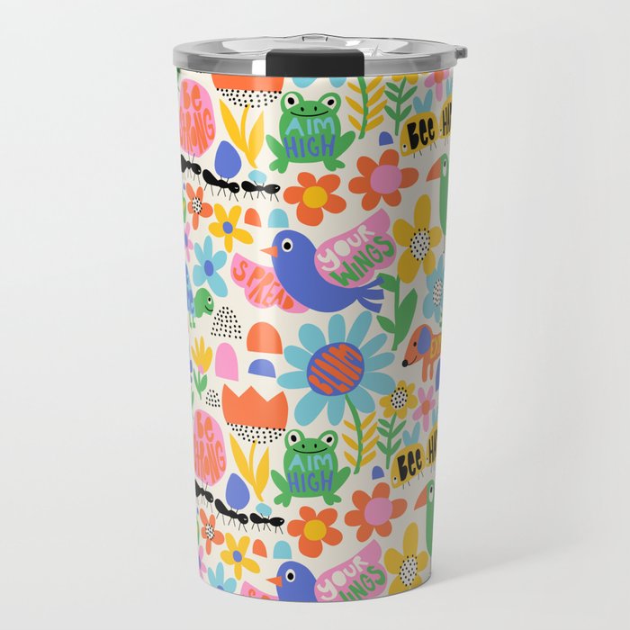 Playful Meadow Cute Animals with Motivational Affirmations - Bright Rainbow Travel Mug Gallery Image 1