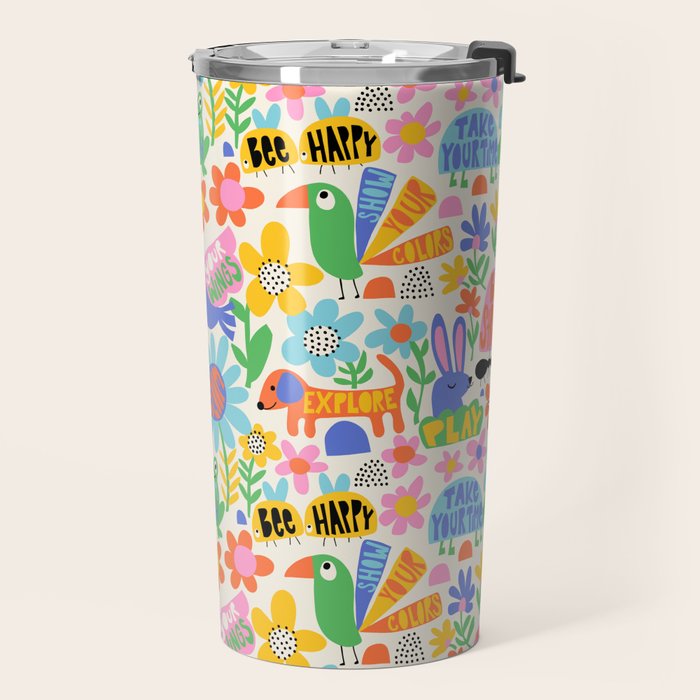 Playful Meadow Cute Animals with Motivational Affirmations - Bright Rainbow Travel Mug Gallery Image 2