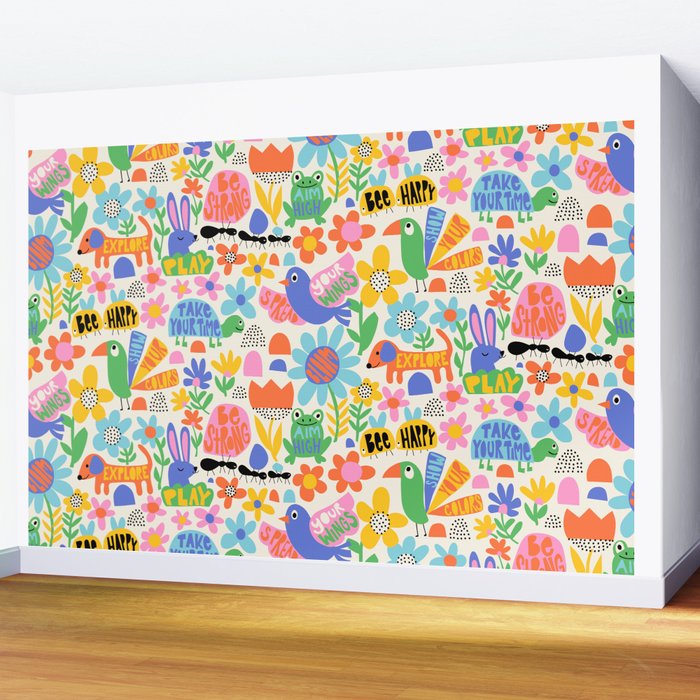 Playful Meadow Cute Animals with Motivational Affirmations - Bright Rainbow Wall Mural Gallery Image 2