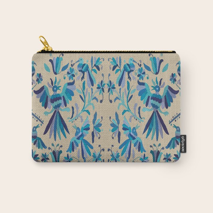 Blue otomi tenango mexican fabric birds and flower embroidery interior design Carry All Pouch Gallery Image 1