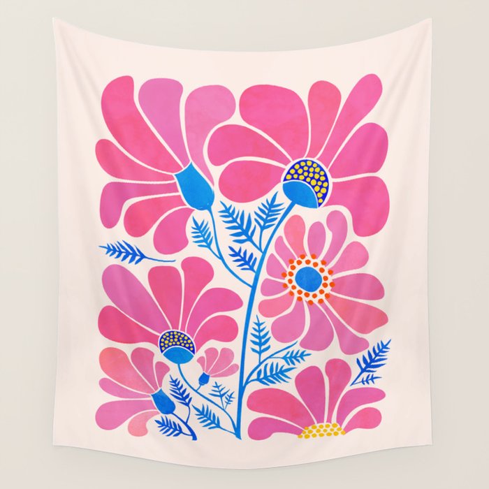 Pink Wildflowers - Floral Illustration Wall Tapestry Gallery Image 4