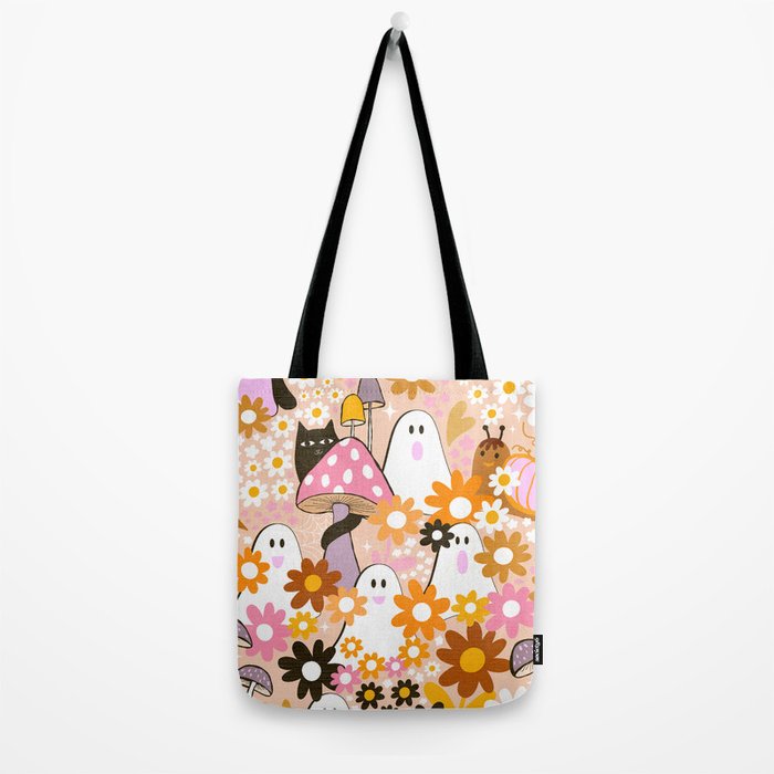 Whimsy Halloween Retro Cats and Ghosts Cottagecore Garden Party - Orange & Peach Fuzz Tote Bag Gallery Image 2