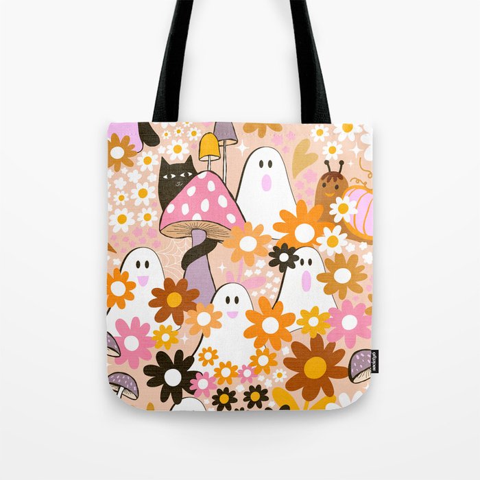 Whimsy Halloween Retro Cats and Ghosts Cottagecore Garden Party - Orange & Peach Fuzz Tote Bag Gallery Image 1