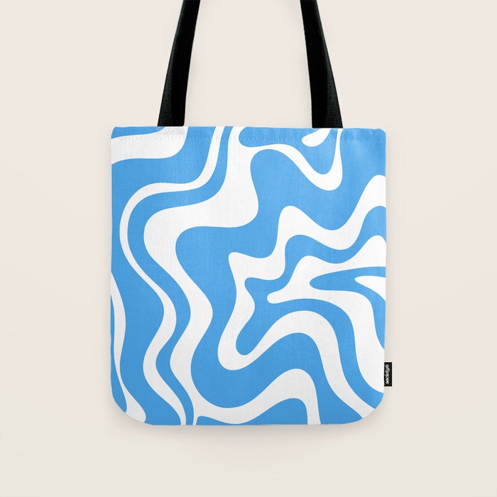 Retro Liquid Swirl Abstract Pattern in Contemporary Blue and White Tote Bag Gallery Image 1