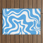 Retro Liquid Swirl Abstract Pattern in Contemporary Blue and White Outdoor Rug Gallery Image 1