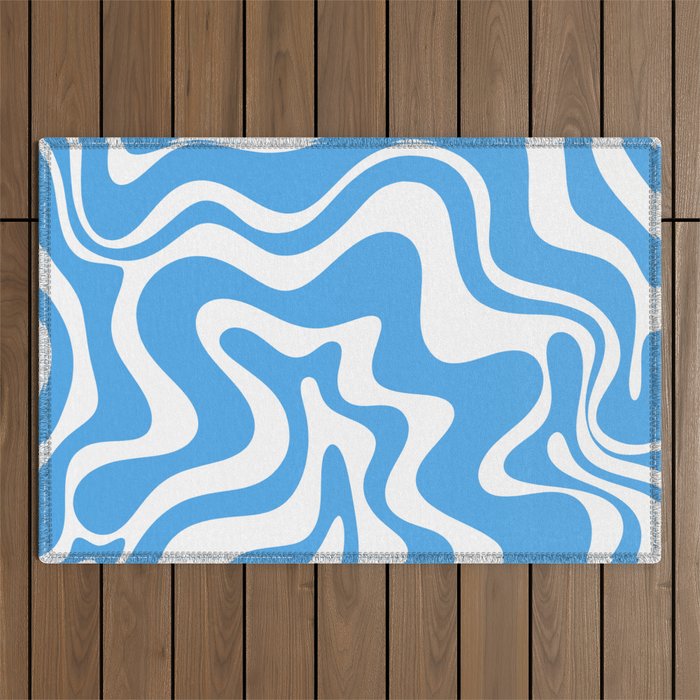 Retro Liquid Swirl Abstract Pattern in Contemporary Blue and White Outdoor Rug Gallery Image 1