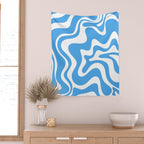 Retro Liquid Swirl Abstract Pattern in Contemporary Blue and White Wall Tapestry Gallery Image 2