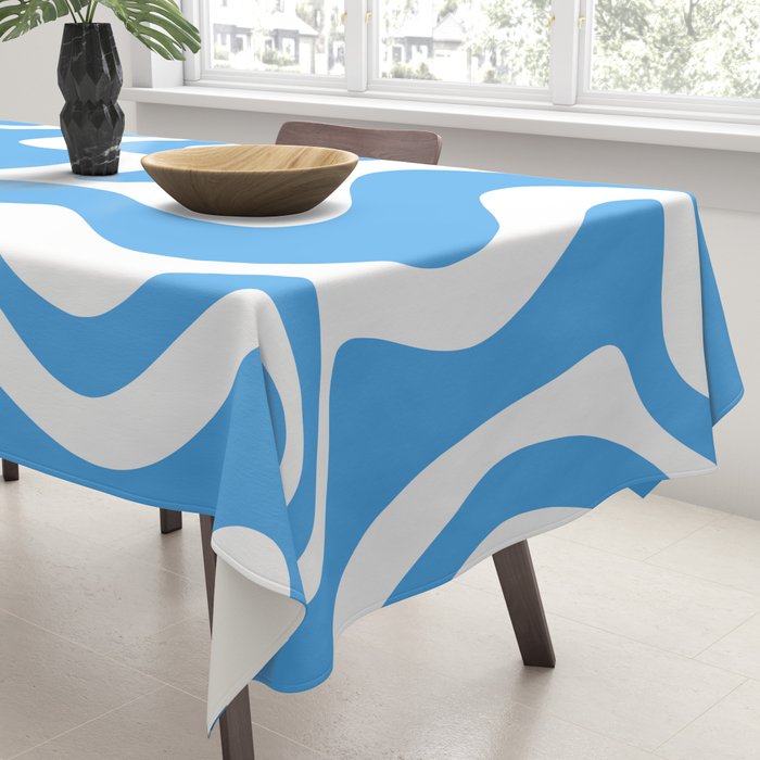 Retro Liquid Swirl Abstract Pattern in Contemporary Blue and White Tablecloth Gallery Image 3