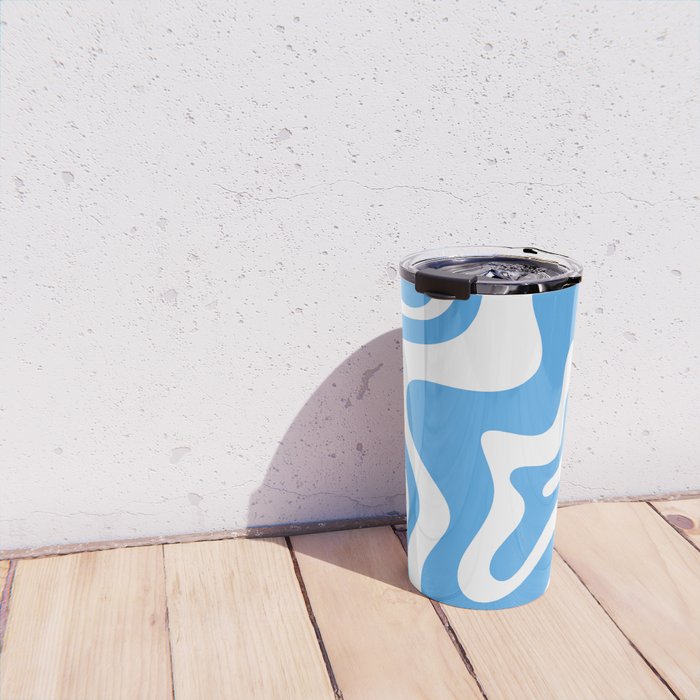 Retro Liquid Swirl Abstract Pattern in Contemporary Blue and White Travel Mug Gallery Image 4