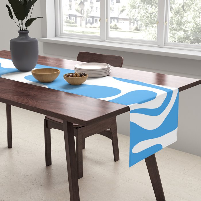 Retro Liquid Swirl Abstract Pattern in Contemporary Blue and White Table Runner Gallery Image 2
