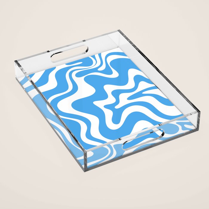 Retro Liquid Swirl Abstract Pattern in Contemporary Blue and White Acrylic Tray Gallery Image 1
