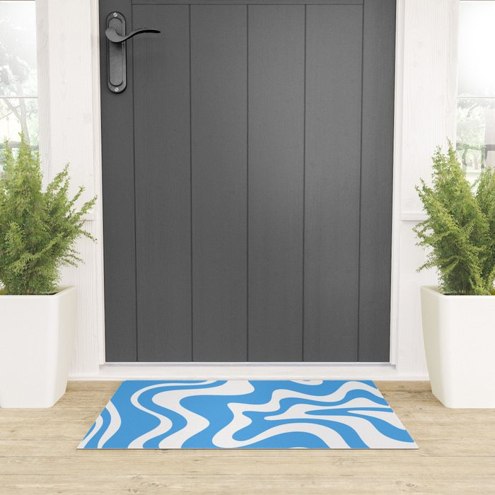 Retro Liquid Swirl Abstract Pattern in Contemporary Blue and White Welcome Mat Gallery Image 3