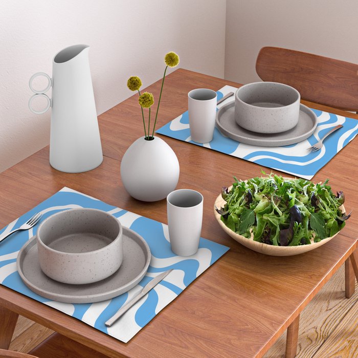 Retro Liquid Swirl Abstract Pattern in Contemporary Blue and White Placemat Gallery Image 2