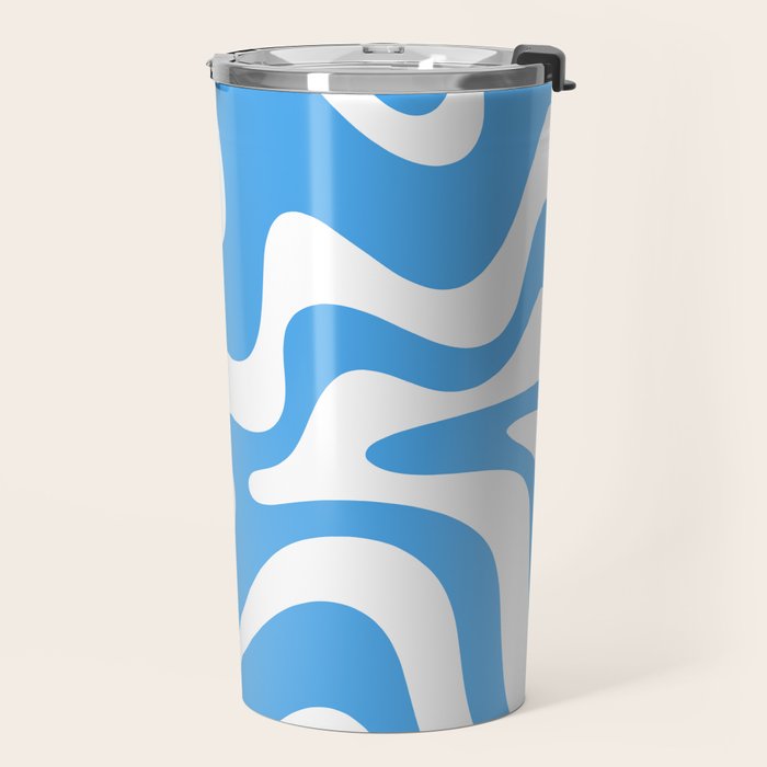 Retro Liquid Swirl Abstract Pattern in Contemporary Blue and White Travel Mug Gallery Image 2