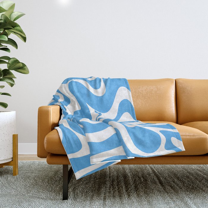Retro Liquid Swirl Abstract Pattern in Contemporary Blue and White Throw Blanket Gallery Image 1