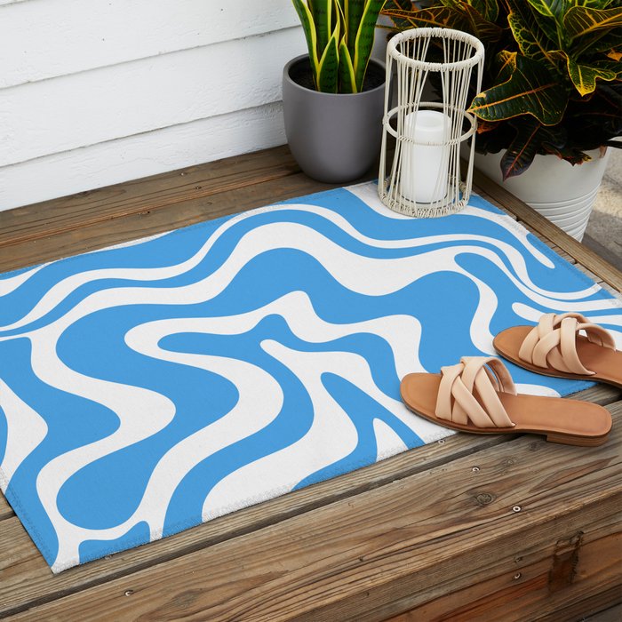 Retro Liquid Swirl Abstract Pattern in Contemporary Blue and White Outdoor Rug Gallery Image 2