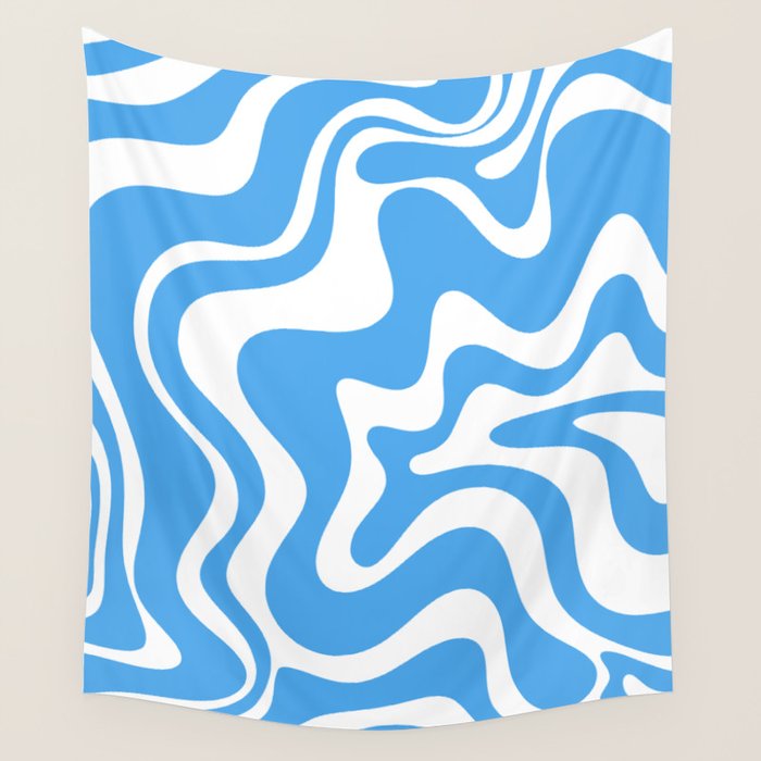 Retro Liquid Swirl Abstract Pattern in Contemporary Blue and White Wall Tapestry Gallery Image 1
