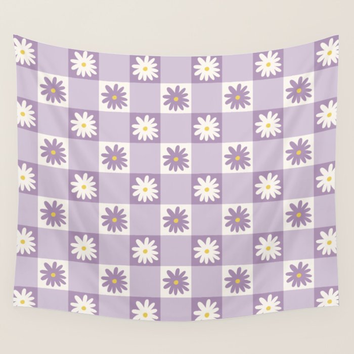 Flower Lavender Gingham Checker in Purple Wall Tapestry Gallery Image 4