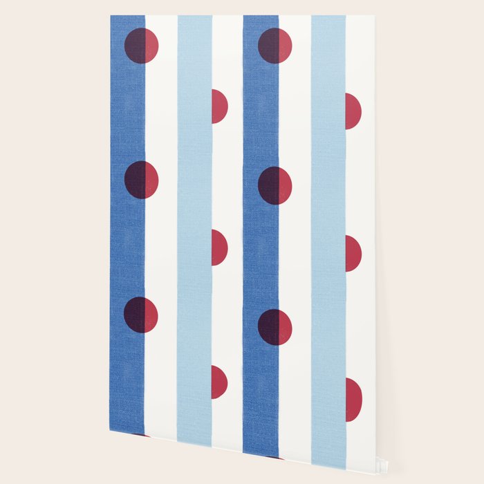 Handcrafted Blue Stripes and Red Dots Pattern Wallpaper Gallery Image 2