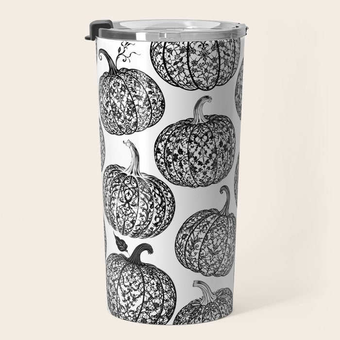 Lace Pumpkin Halloween Pattern Needle Bobbin Crochet Thread Travel Mug Gallery Image 3