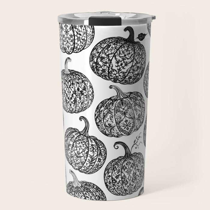 Lace Pumpkin Halloween Pattern Needle Bobbin Crochet Thread Travel Mug Gallery Image 1