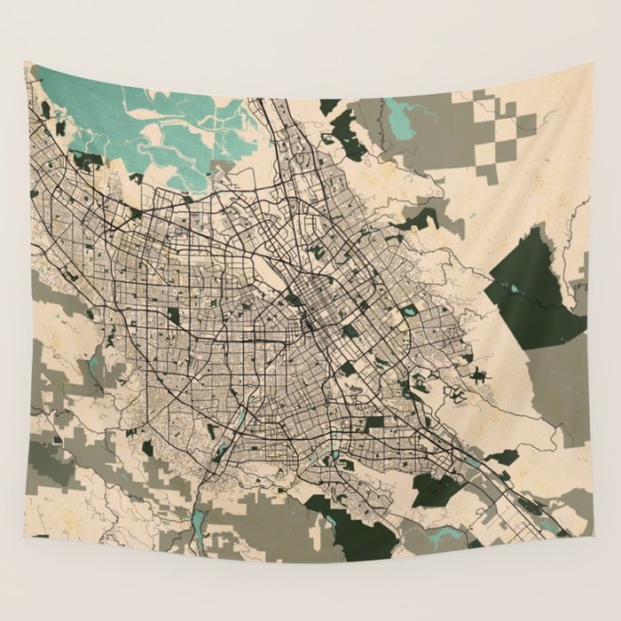 San Jose City Map of California, USA - Vintage Wall Tapestry