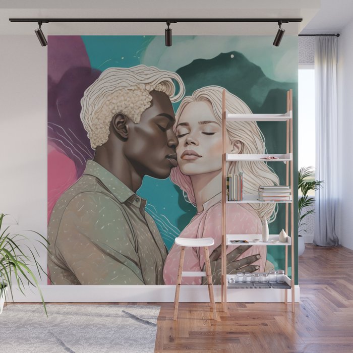 Cosmic Romance, Love Passion Race Diversity, Anti-racism Equality Mindset Society, Community Marriage Couple Interracial Painting Wall Mural Gallery Image 1